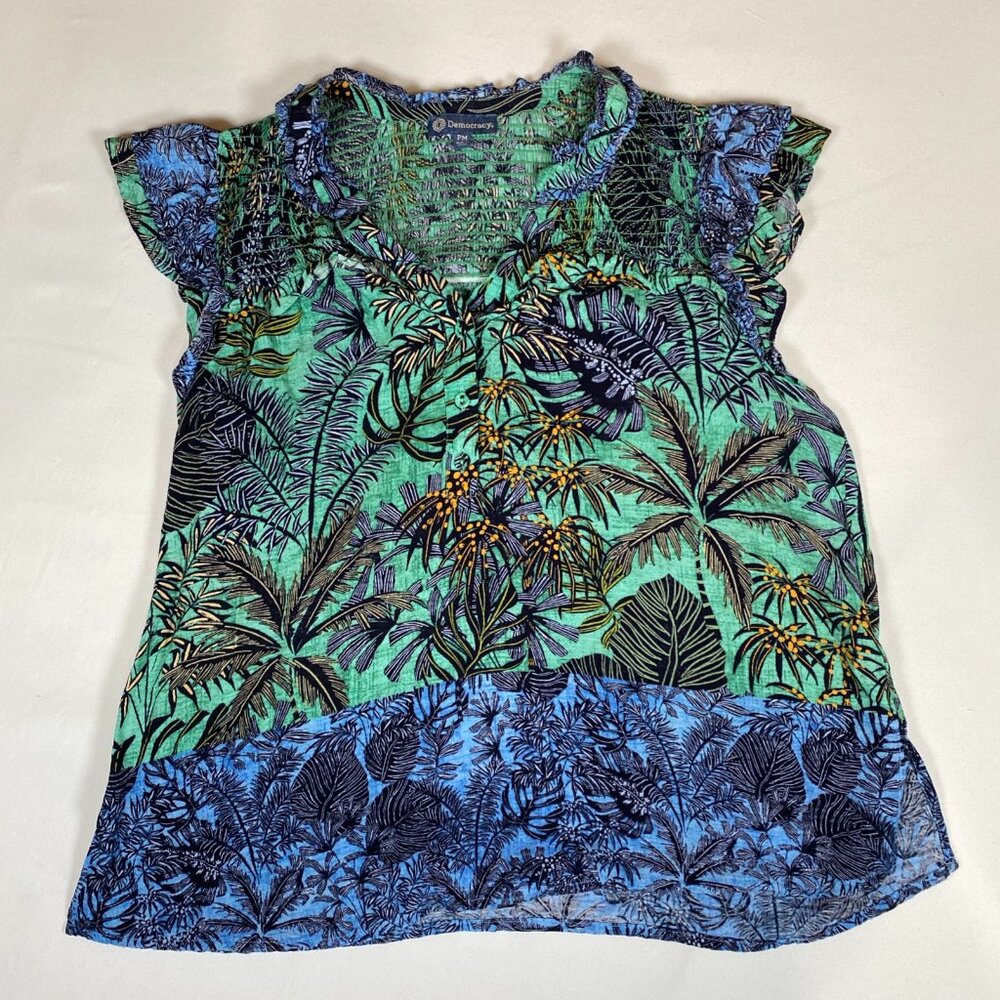 Democracy V-Neck Tropical Floral Print PM Rayon Multicolor Shirt